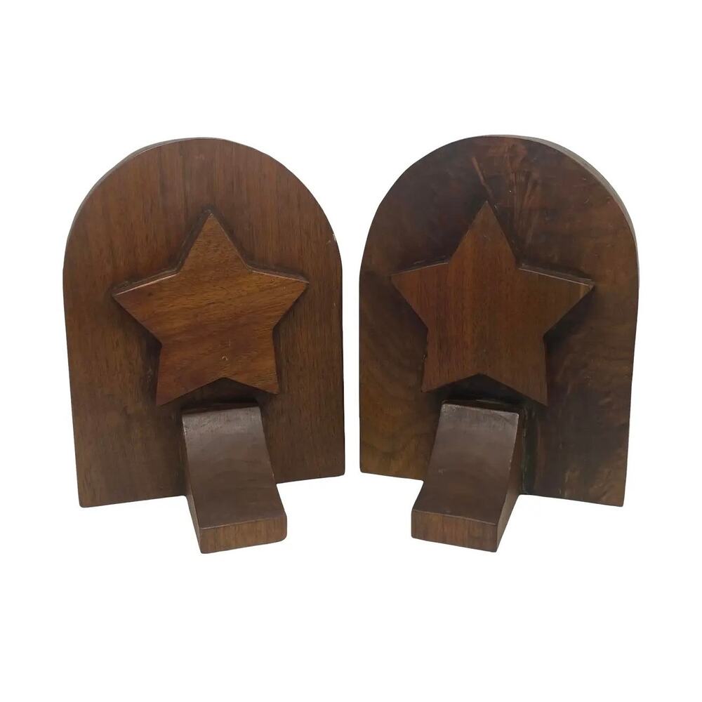 Mid 20th Century Rustic Handcrafted Mahogany Bookends With Star Motif - A Pair